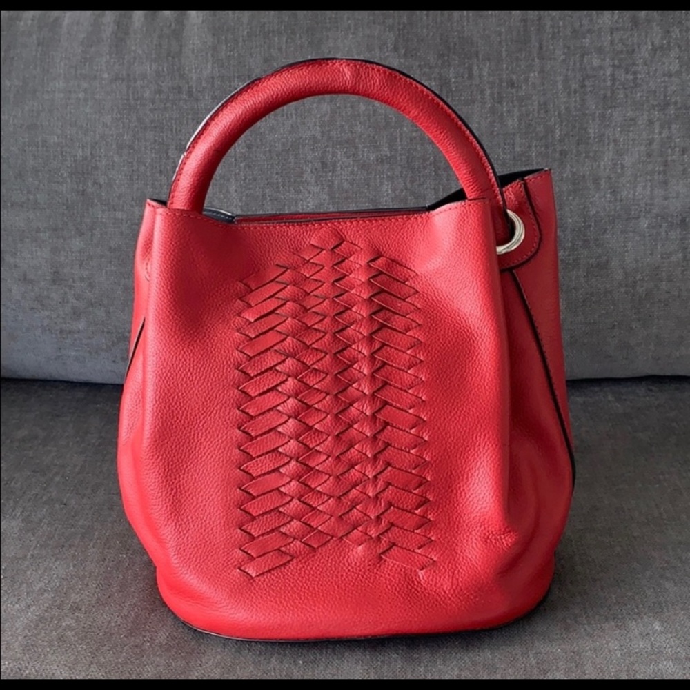 Paula Vera Red Leather Woven Accent Leather Shoulder Handbag
